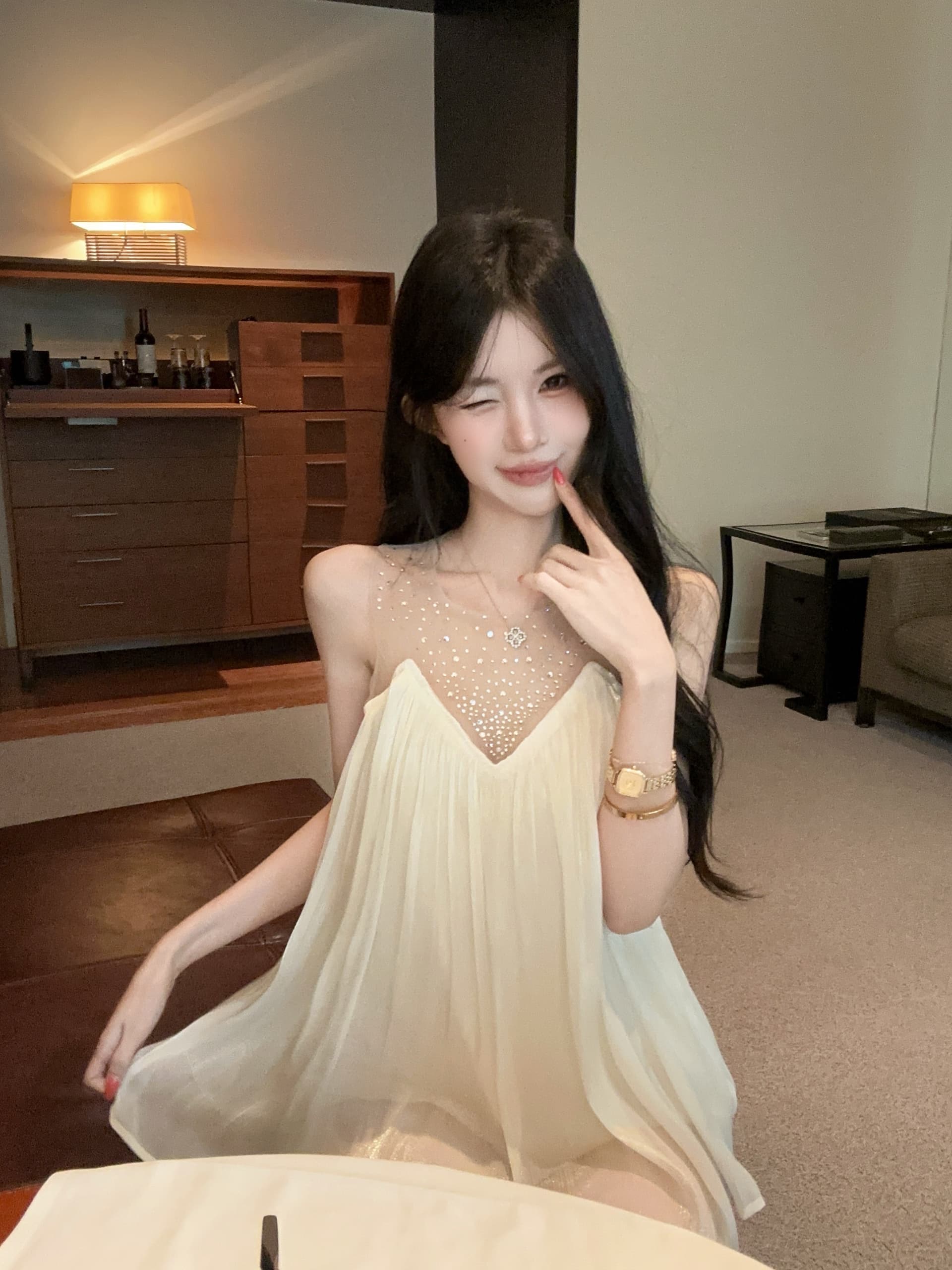 실사 스타일 핫픽스 망사 패치워크 민소매 쉬폰 여성 셔츠 상세 이미지 6
