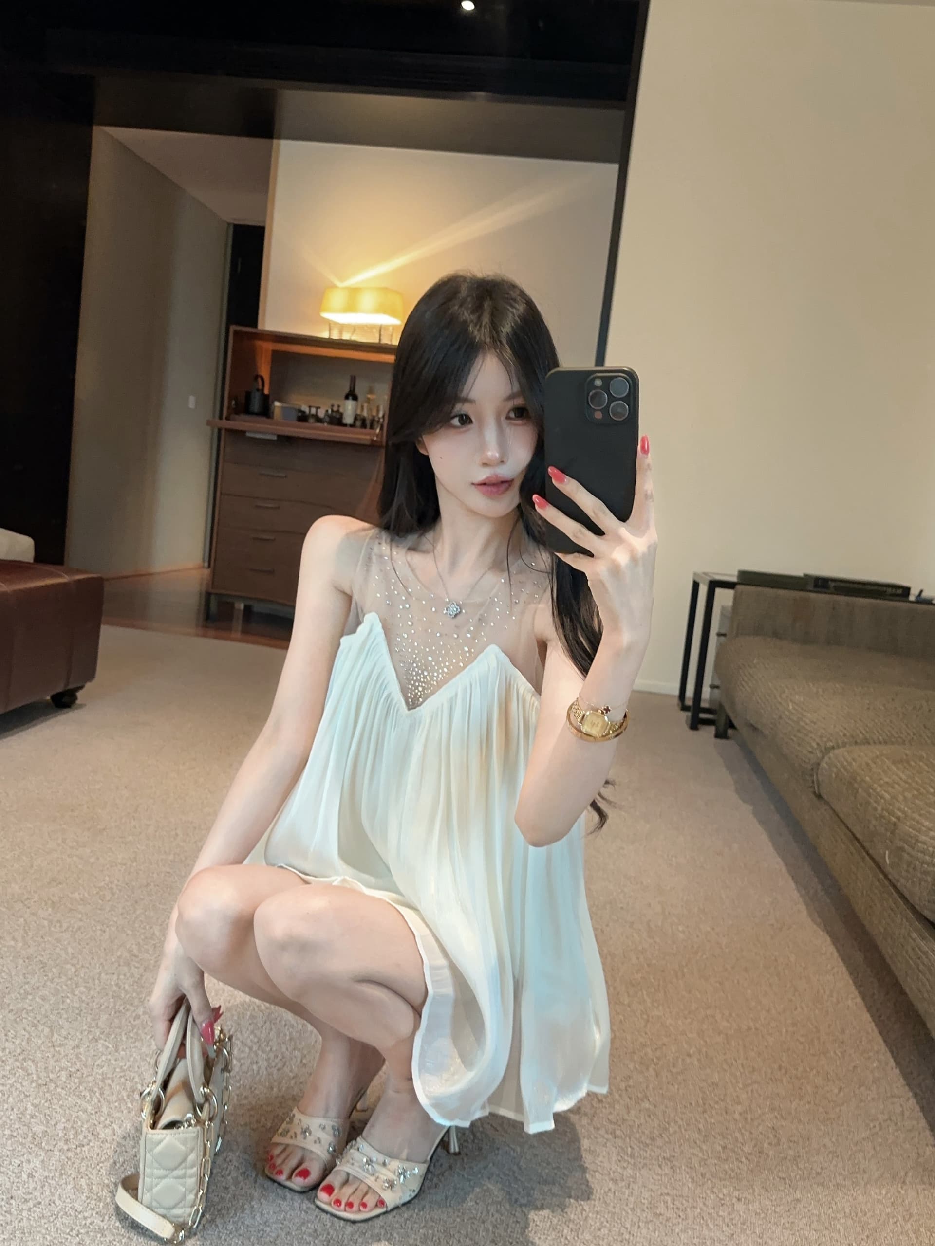 실사 스타일 핫픽스 망사 패치워크 민소매 쉬폰 여성 셔츠 상세 이미지 8