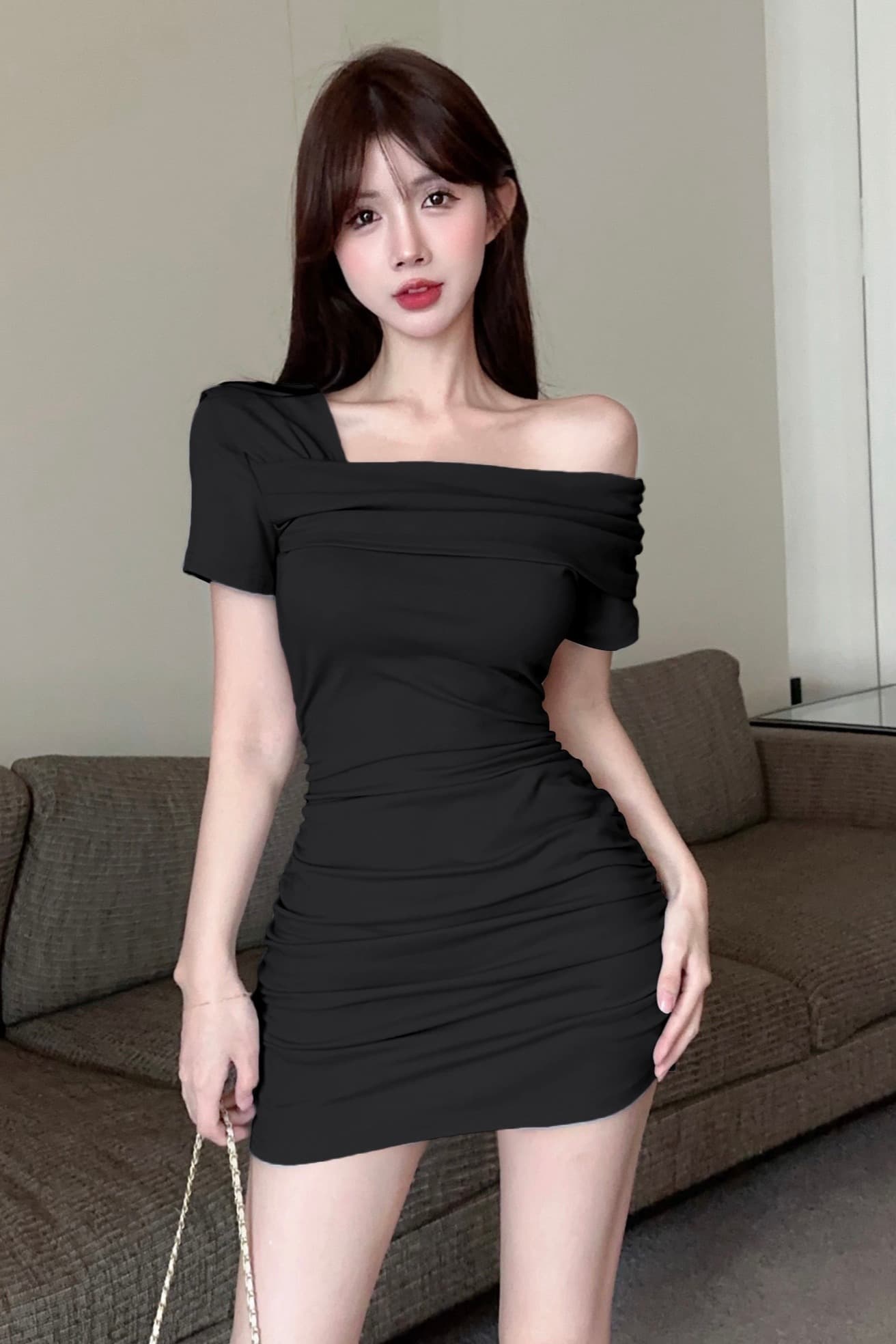 실사 달콤한 매운맛 바람 섹시함 몸매 가꾸기 보트넥 오프숄더 드레스 미니멀리즘 캐주얼 이미지 6