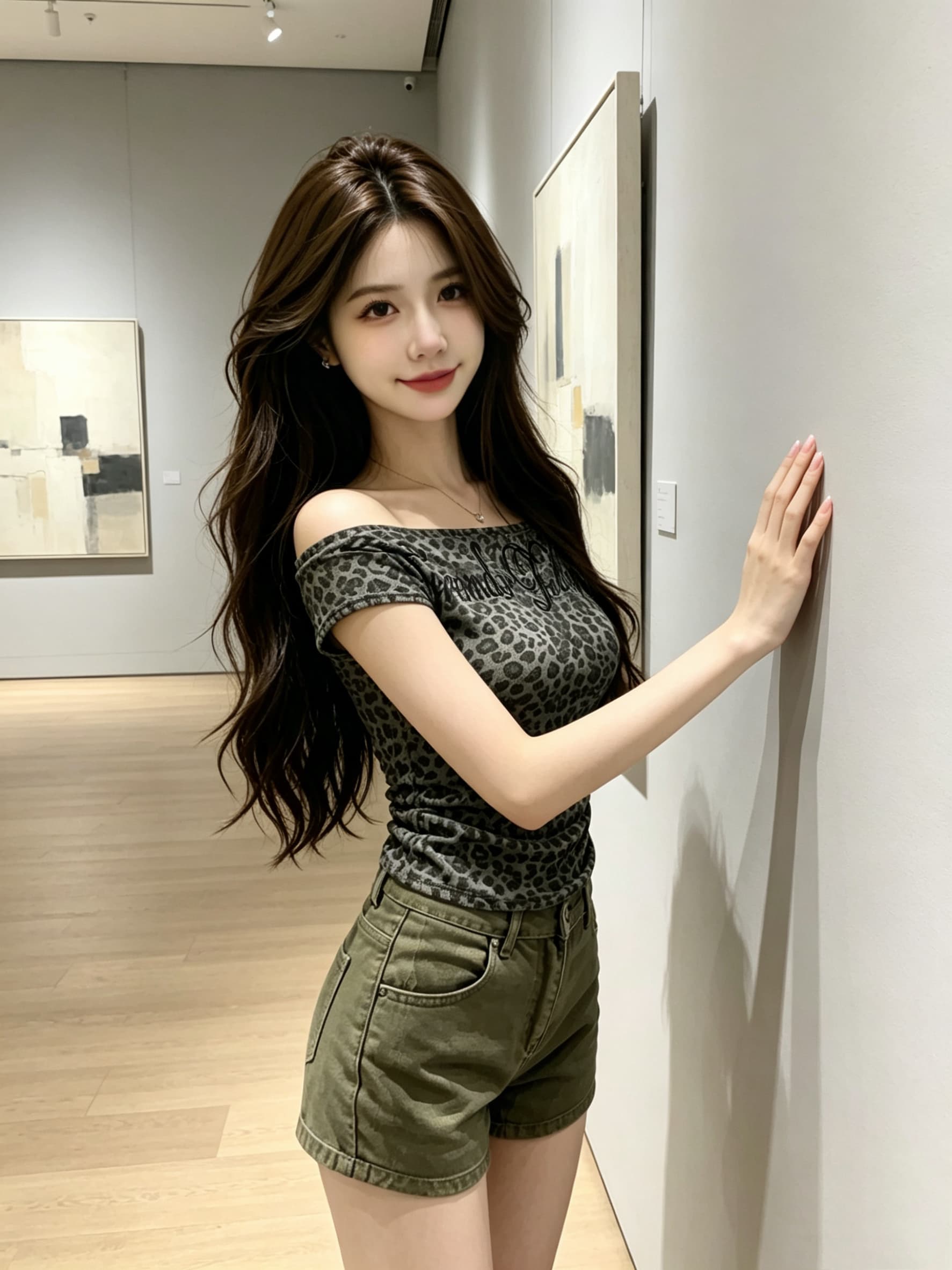 실사 아메리칸 섹시함 핫걸 보트넥 오프숄더 레오파드 무늬 허리 수축 맨위 상세 이미지 6