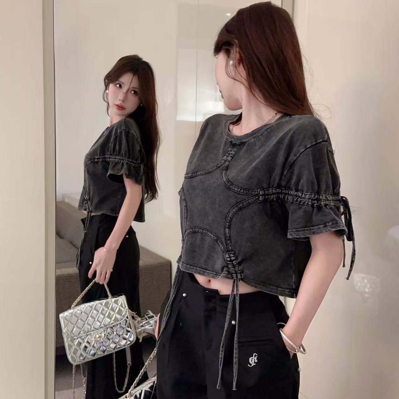 실사 워시 물 마 오래된 레트로 스타일 반팔 티셔츠 여성 핫걸 디자인 센스 펌프 로프 맨위 트렌디 이미지 5