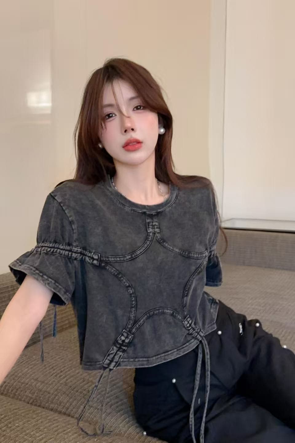 실사 워시 물 마 오래된 레트로 스타일 반팔 티셔츠 여성 핫걸 디자인 센스 펌프 로프 맨위 트렌디 상세 이미지 3