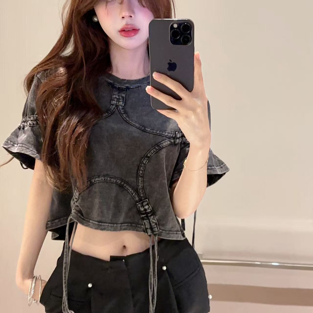 실사 워시 물 마 오래된 레트로 스타일 반팔 티셔츠 여성 핫걸 디자인 센스 펌프 로프 맨위 트렌디 상세 이미지 4