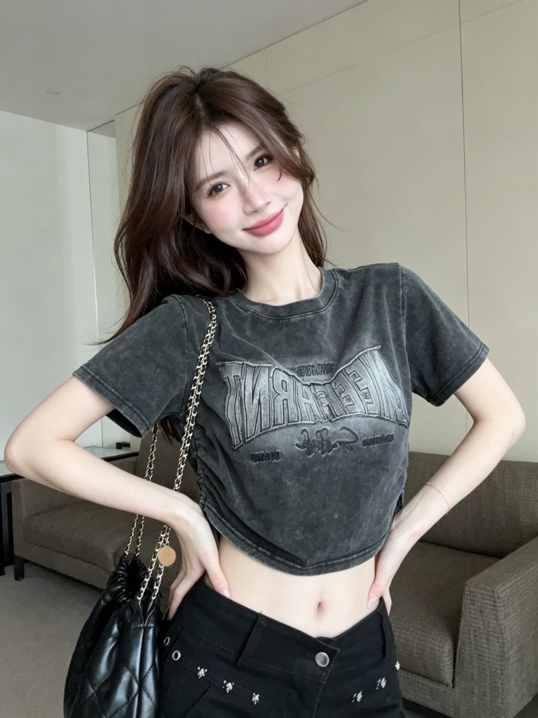 실사 아메리칸 레트로 그라데이션 쇼트 스타일 워시 물 3 차원 어머니 프린트 펌프 로프 슬림해 보이는 고급 맨위 상세 이미지 6