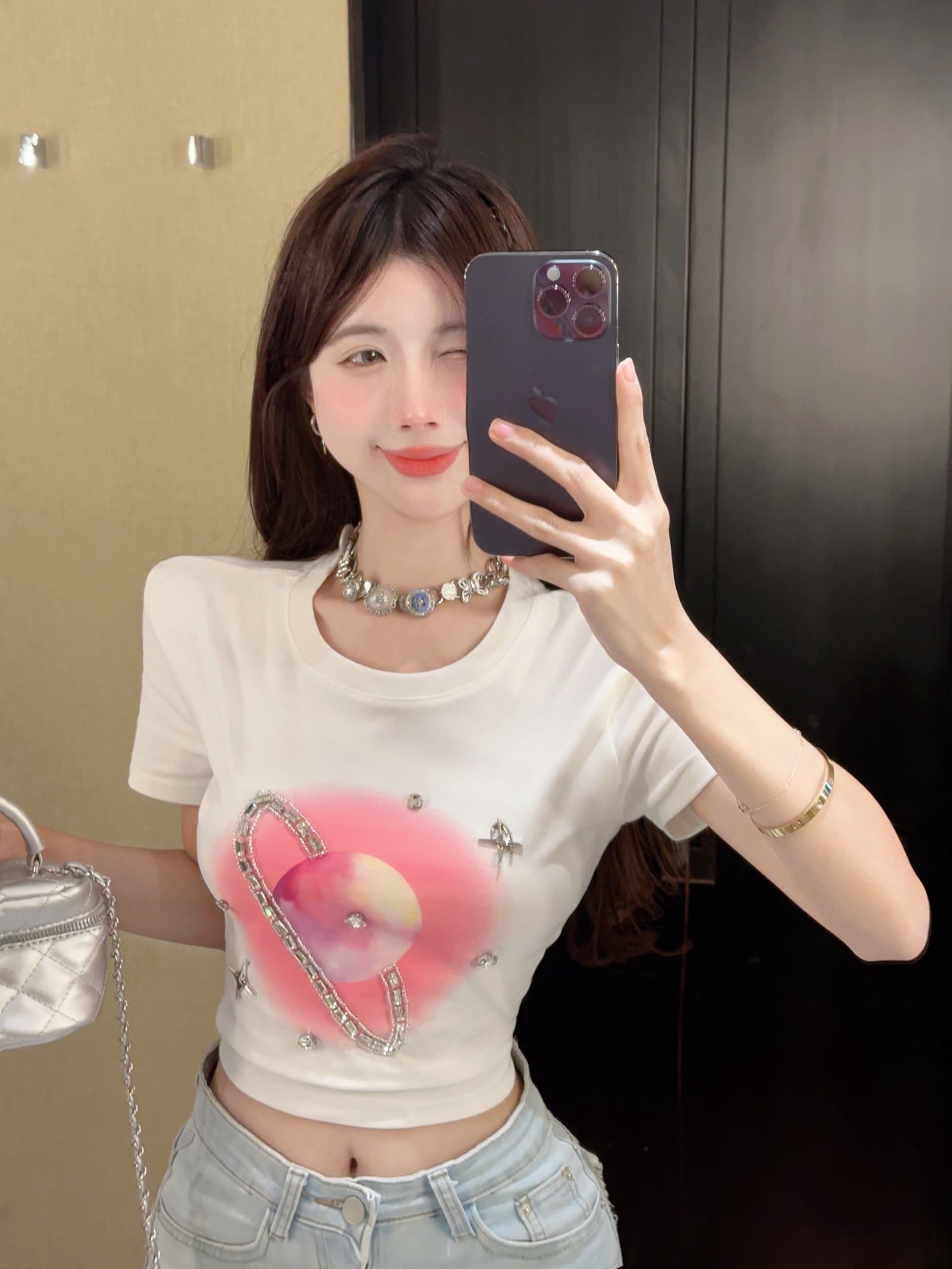 실사 고급 무거운 작업 다이아몬드 세팅 반팔 티셔츠 여성 짧은 다시 달콤한 다시 매운맛 아름다운 외국 가스 맨위 트렌디 상세 이미지 7