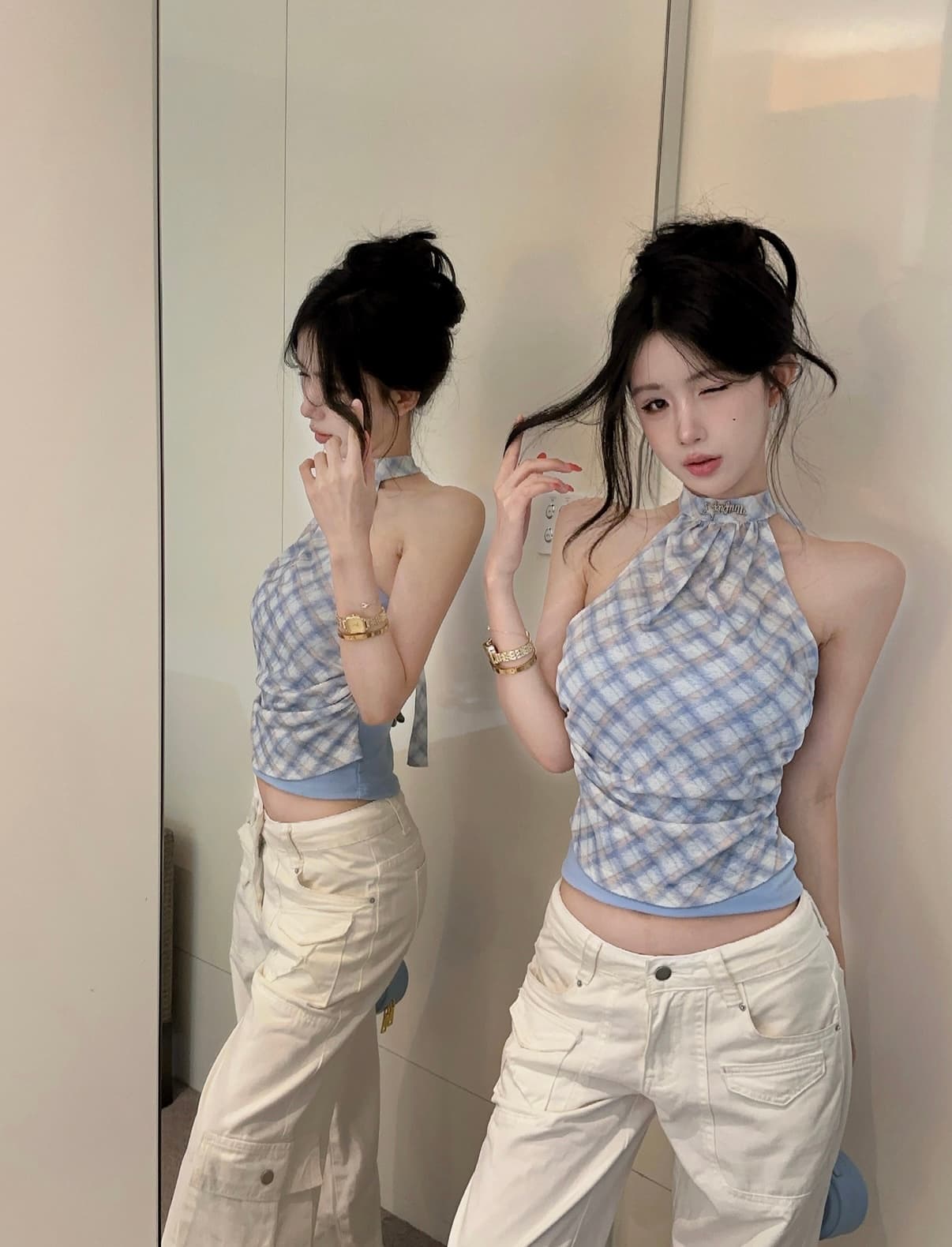 실사 핫걸 행침 목 조끼 여성 민소매 체크무늬 몸매 가꾸기 다용도 섹시함 맨위 이미지 3