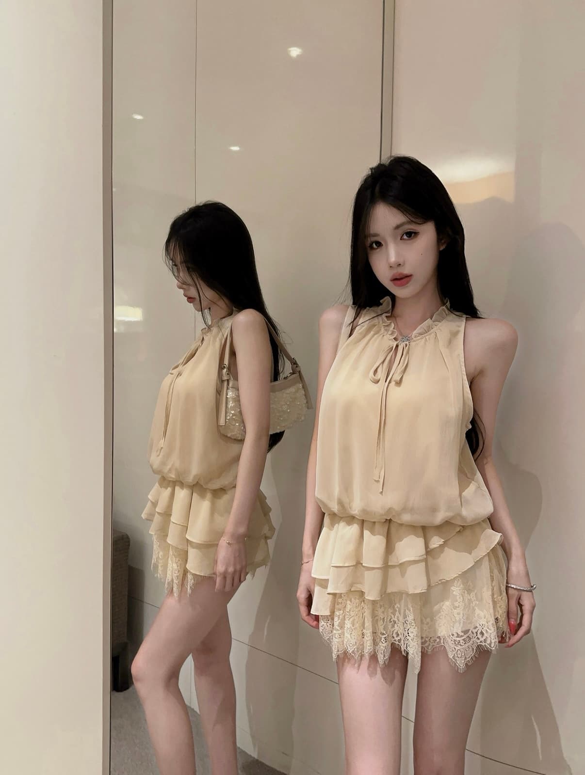 실사 작은 키 프랑스식 낭만주의 레이스업 프릴 패치워크 레이스 조끼 작은 셔츠 여성 셔츠 이미지 2