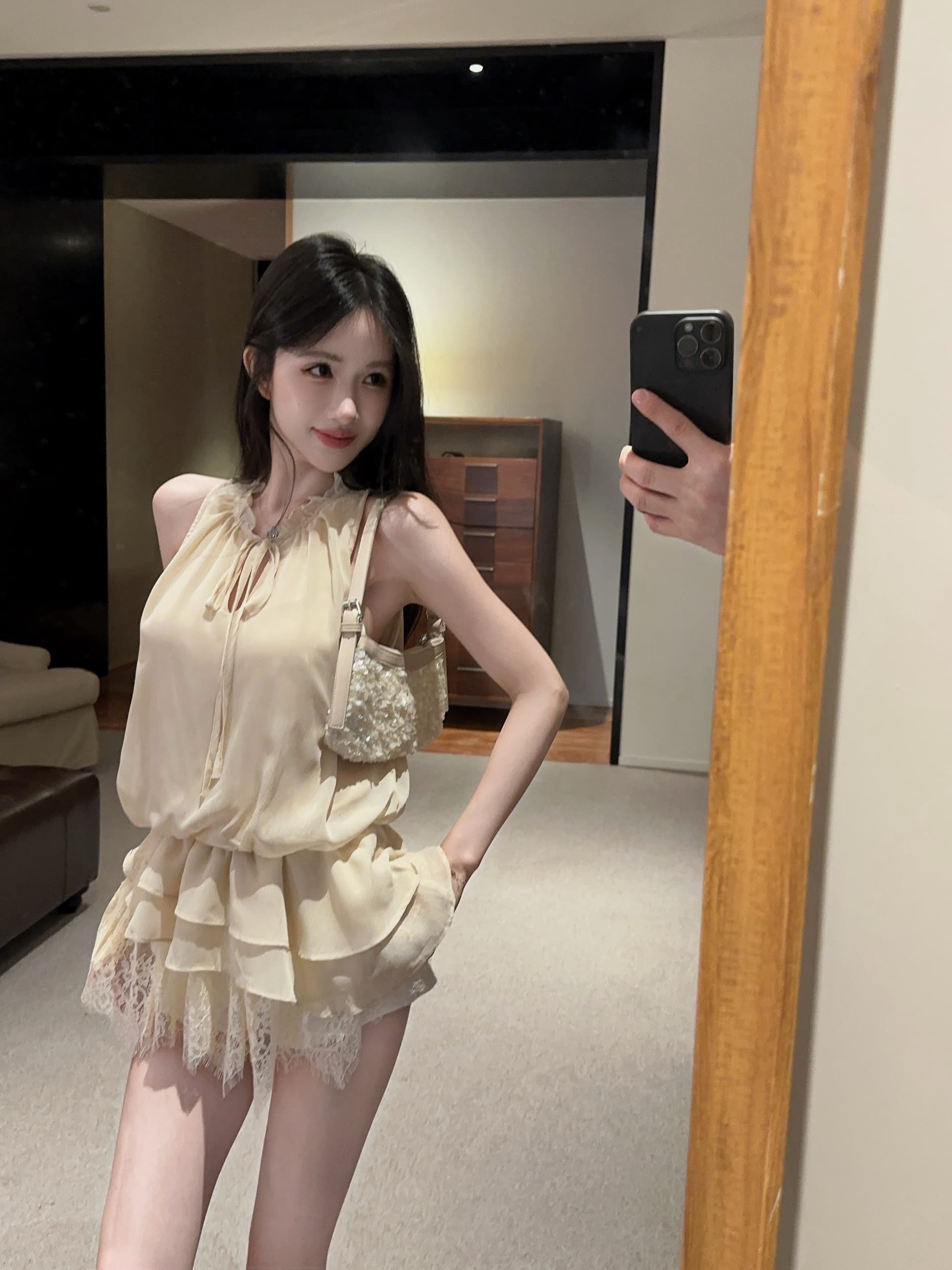 실사 작은 키 프랑스식 낭만주의 레이스업 프릴 패치워크 레이스 조끼 작은 셔츠 여성 셔츠 상세 이미지 6