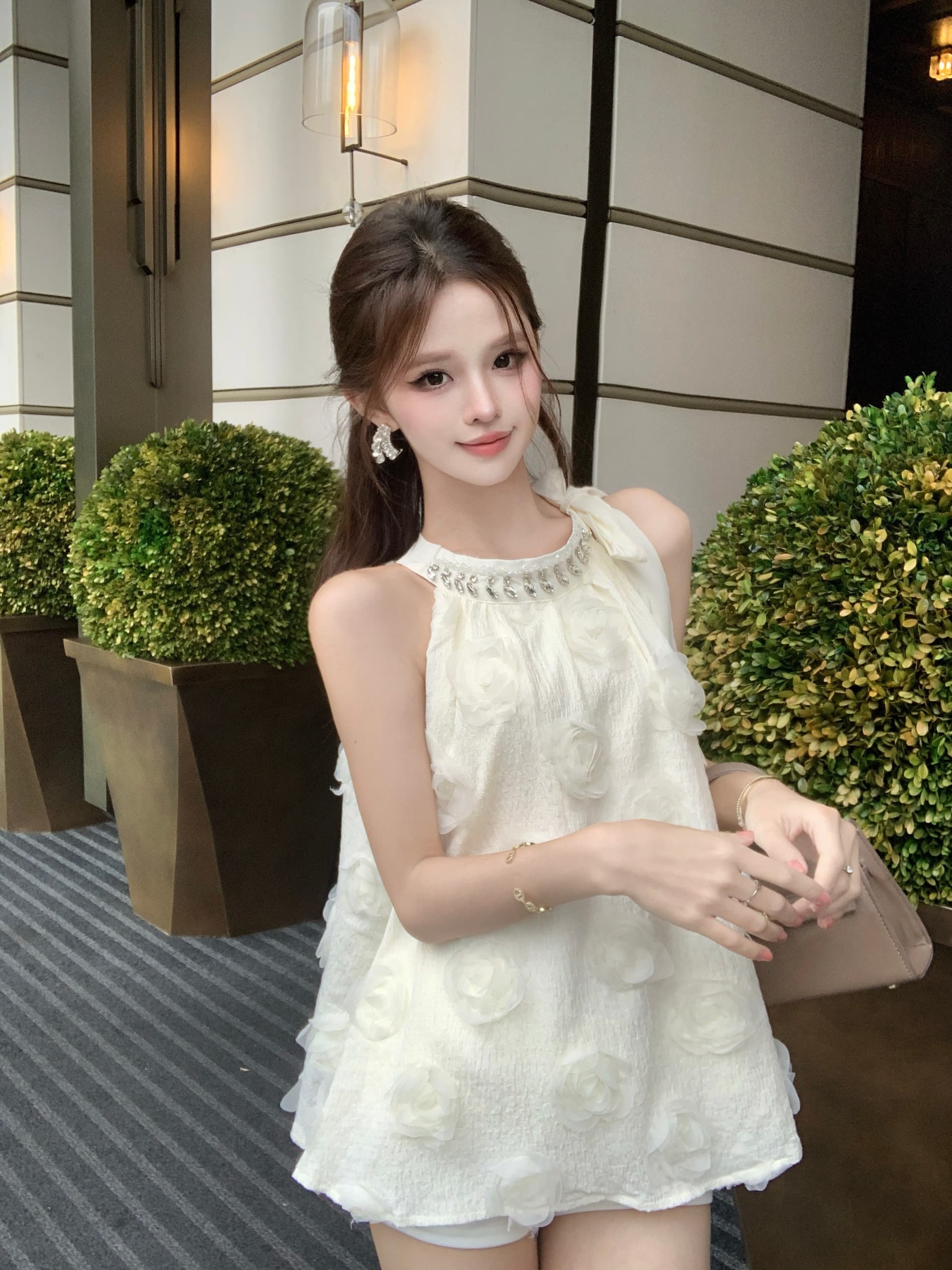실사 프랑스식 3 차원 꽃 무거운 작업 벨트 훈련 행침 목 조끼 여성 레이스업 나비 매듭 인형 셔츠 민소매 맨위 이미지 3