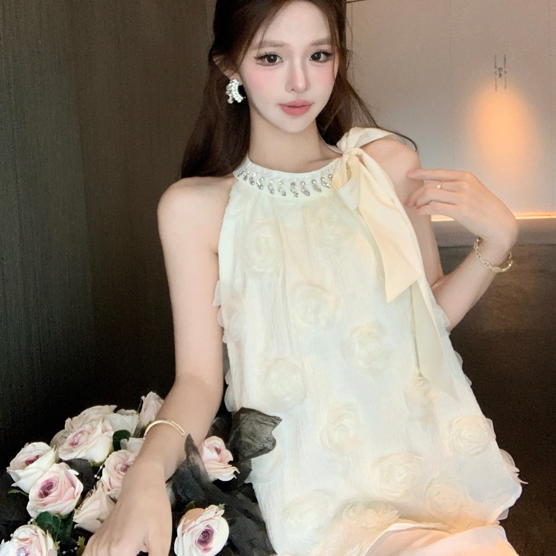 실사 프랑스식 3 차원 꽃 무거운 작업 벨트 훈련 행침 목 조끼 여성 레이스업 나비 매듭 인형 셔츠 민소매 맨위 이미지 5