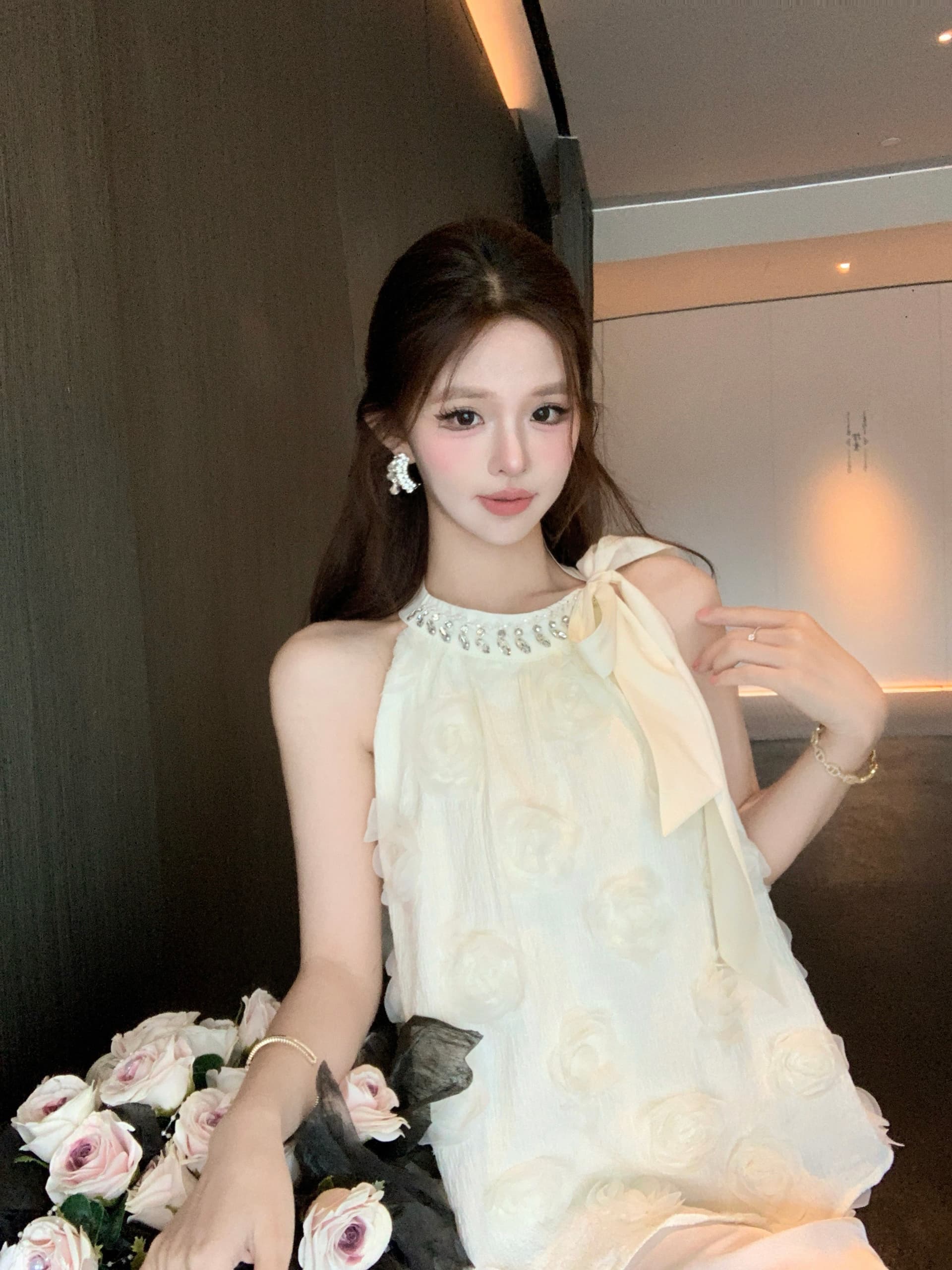 실사 프랑스식 3 차원 꽃 무거운 작업 벨트 훈련 행침 목 조끼 여성 레이스업 나비 매듭 인형 셔츠 민소매 맨위 상세 이미지 10