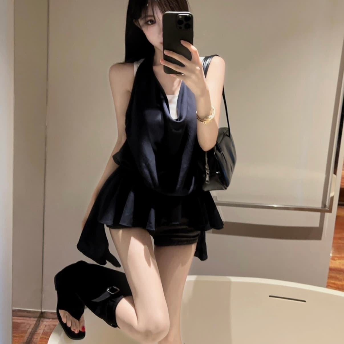 실사 행침 목 페이크 레이어드 민소매 조끼 티셔츠 여성 여름 새로운 외국 가스 불규칙 허리 수축 슬림해 보이는 맨위 이미지 5