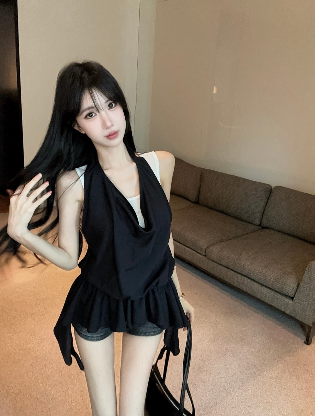실사 행침 목 페이크 레이어드 민소매 조끼 티셔츠 여성 여름 새로운 외국 가스 불규칙 허리 수축 슬림해 보이는 맨위 상세 이미지 1
