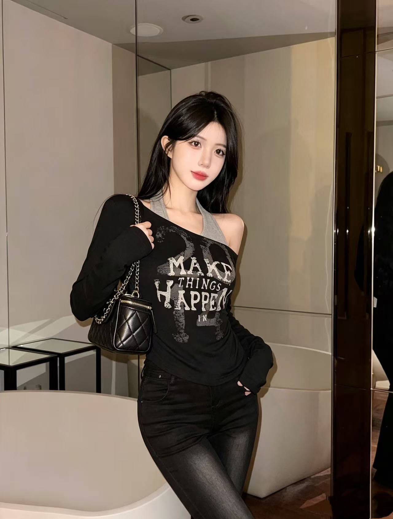 실사 순수한 욕망 달콤한 핫걸 프린트 불규칙 행침 목 기본 셔츠 페이크 레이어드 긴팔 맨위 상세 이미지 4