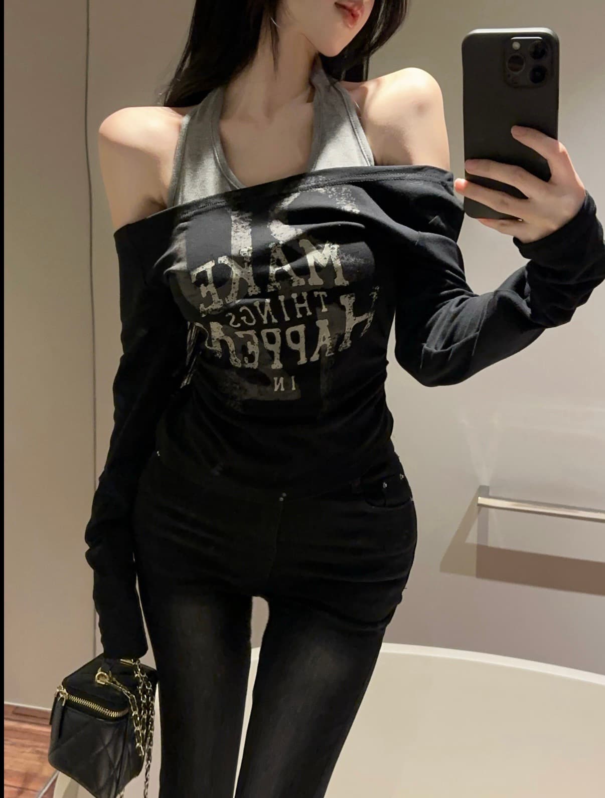 실사 순수한 욕망 달콤한 핫걸 프린트 불규칙 행침 목 기본 셔츠 페이크 레이어드 긴팔 맨위 상세 이미지 10