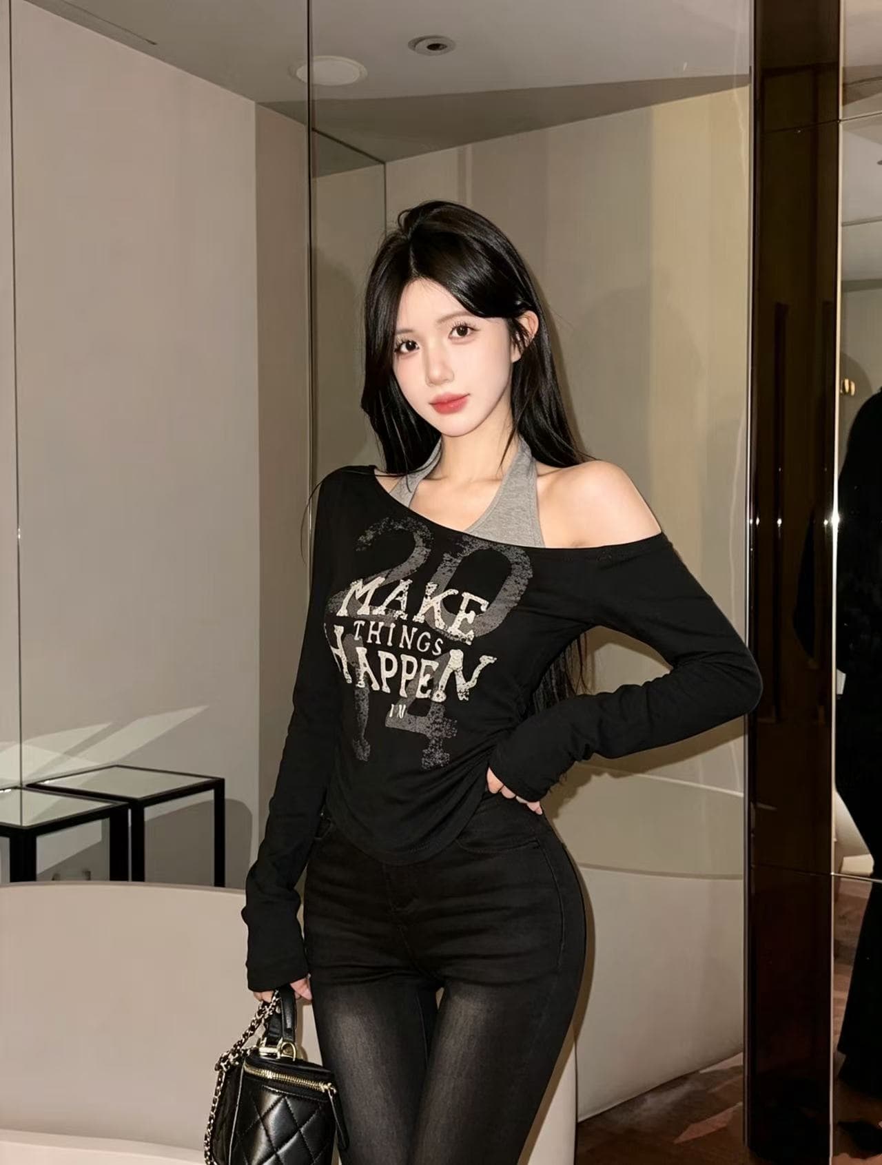 실사 순수한 욕망 달콤한 핫걸 프린트 불규칙 행침 목 기본 셔츠 페이크 레이어드 긴팔 맨위 상세 이미지 12