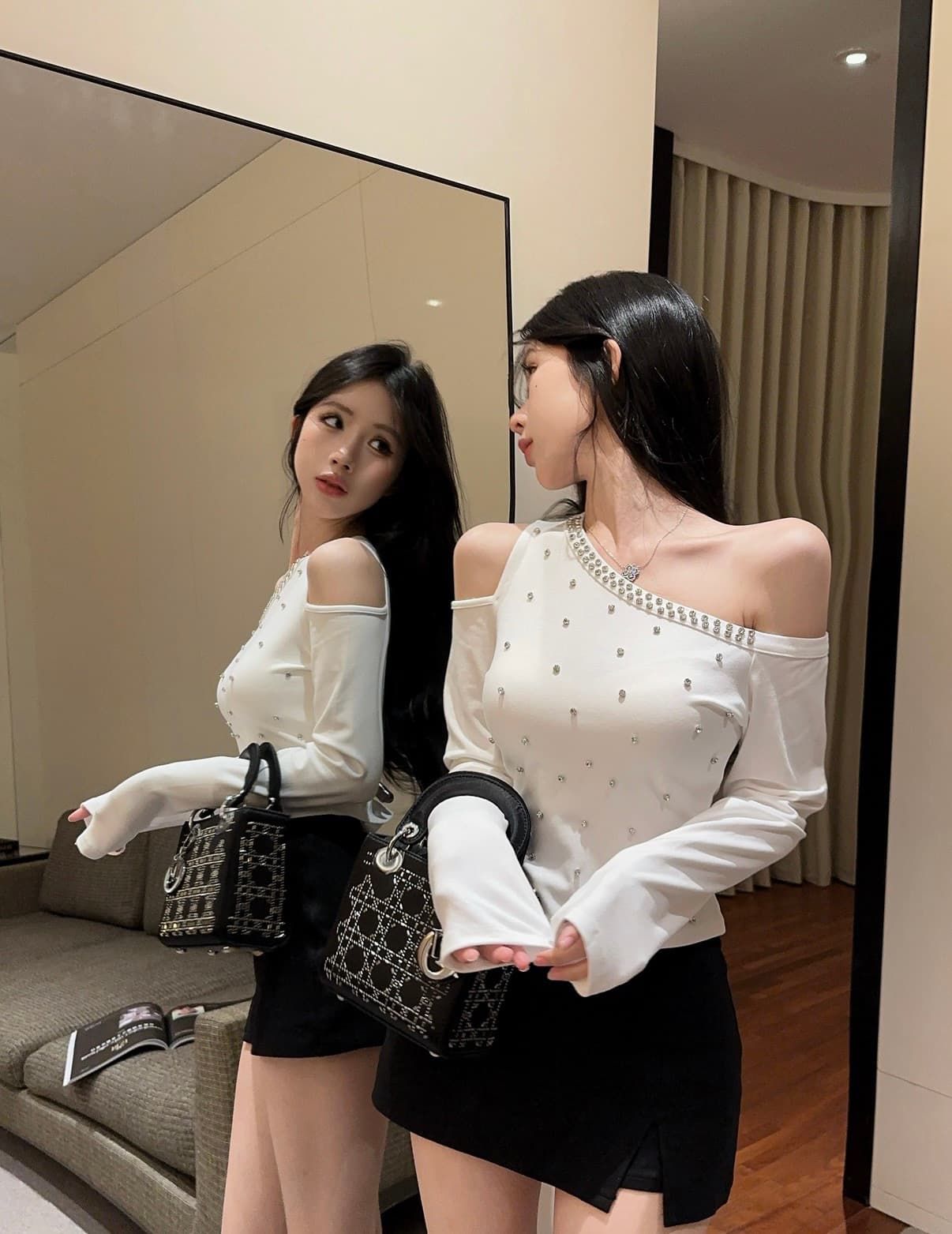 실사 핫걸 품격 섹시함 화이트 비스듬한 어깨 무거운 작업 다이아몬드 세팅 긴팔 티셔츠 여성 몸매 가꾸기 슬림해 보이는 고급 센스 맨위 상세 이미지 13
