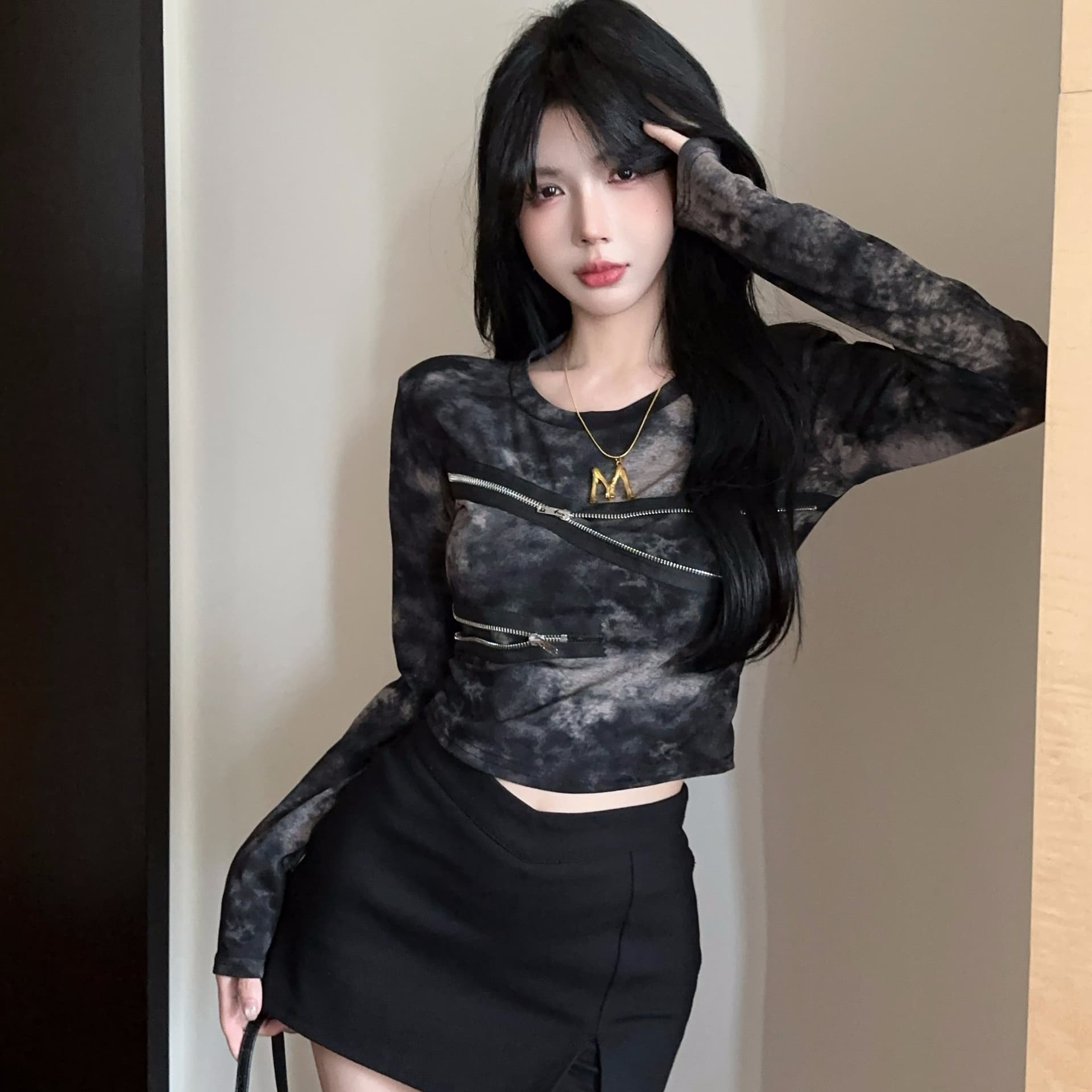 실사 아메리칸 디자인 센스 지퍼 긍정적 인 어깨 긴팔 티셔츠 여성 레트로 작은 대중 몸매 가꾸기 핫걸 어깨 패드 헤일로 염료에 의류 t 이미지 5