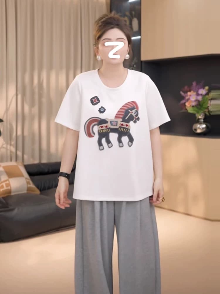 지방 지아 지아 작은 트로이 목마 t 봄 여름 무거운 작업 자수 배색 라운드 넥 반팔 맨위 여성 이미지 2