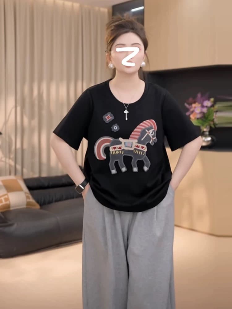 지방 지아 지아 작은 트로이 목마 t 봄 여름 무거운 작업 자수 배색 라운드 넥 반팔 맨위 여성 이미지 4