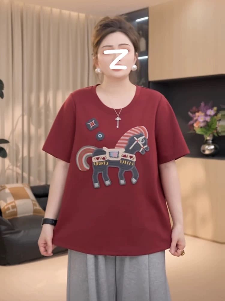 지방 지아 지아 작은 트로이 목마 t 봄 여름 무거운 작업 자수 배색 라운드 넥 반팔 맨위 여성 이미지 3