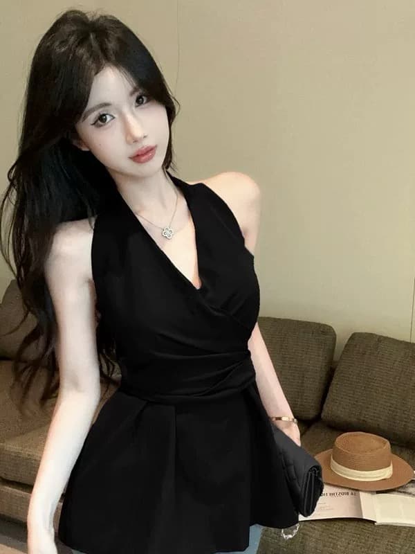 검정색 민소매 행침 목 맨위 여성 여름 드레스 2026 새로운 고급 센스 품격 다시 a 다시 바람의 소리 행침 목 조끼 이미지 2