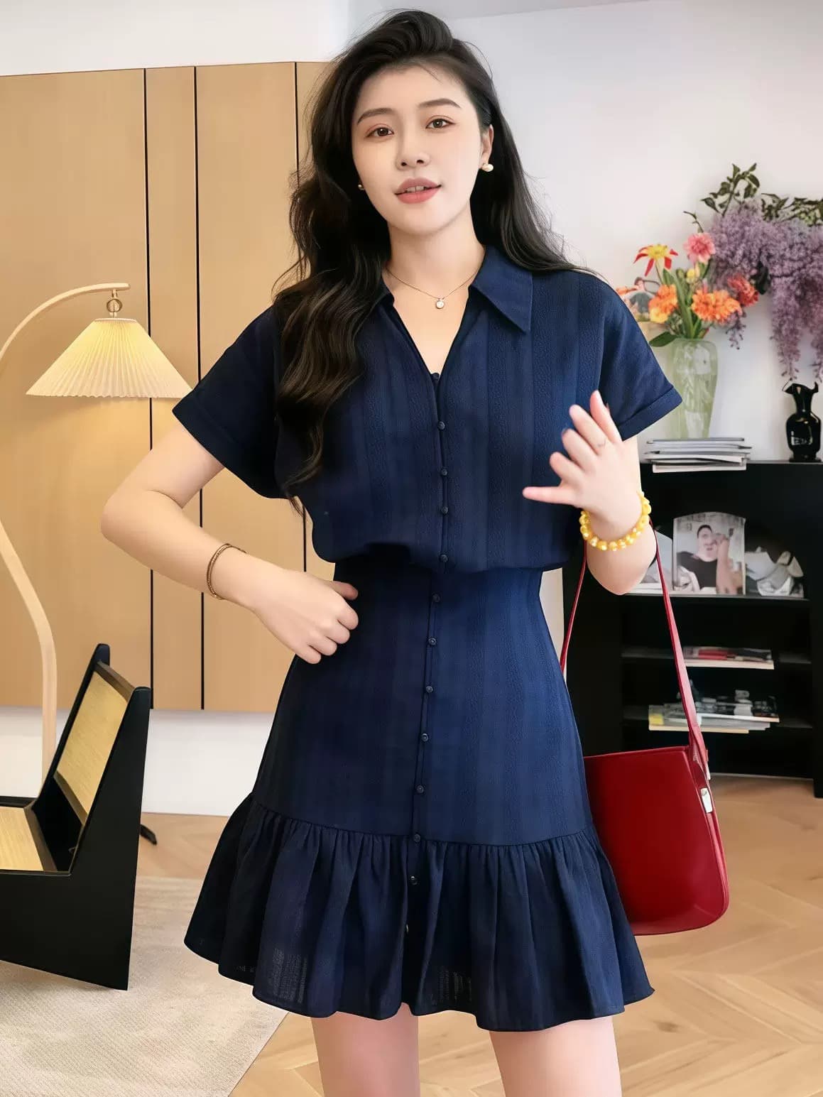 빅 사이즈 블루스 참고 해군 miu 부서 자카드 소녀 센스 연령 감소 프랑스식 허리 수축 드레스 이미지 2