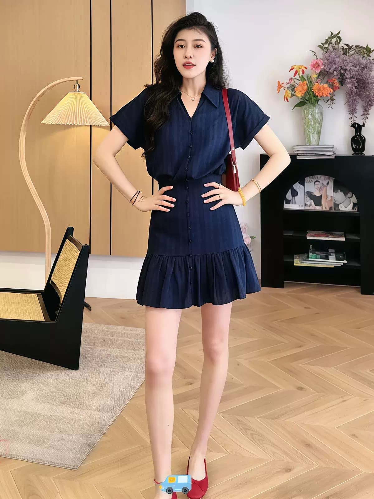 빅 사이즈 블루스 참고 해군 miu 부서 자카드 소녀 센스 연령 감소 프랑스식 허리 수축 드레스 이미지 4