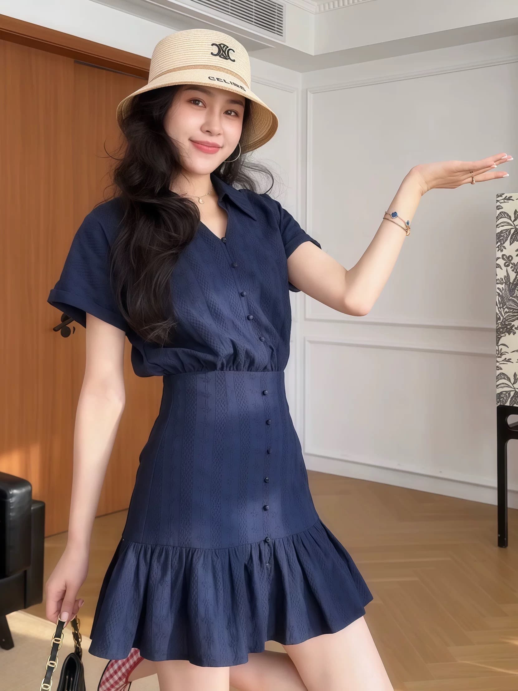 빅 사이즈 블루스 참고 해군 miu 부서 자카드 소녀 센스 연령 감소 프랑스식 허리 수축 드레스 이미지 3