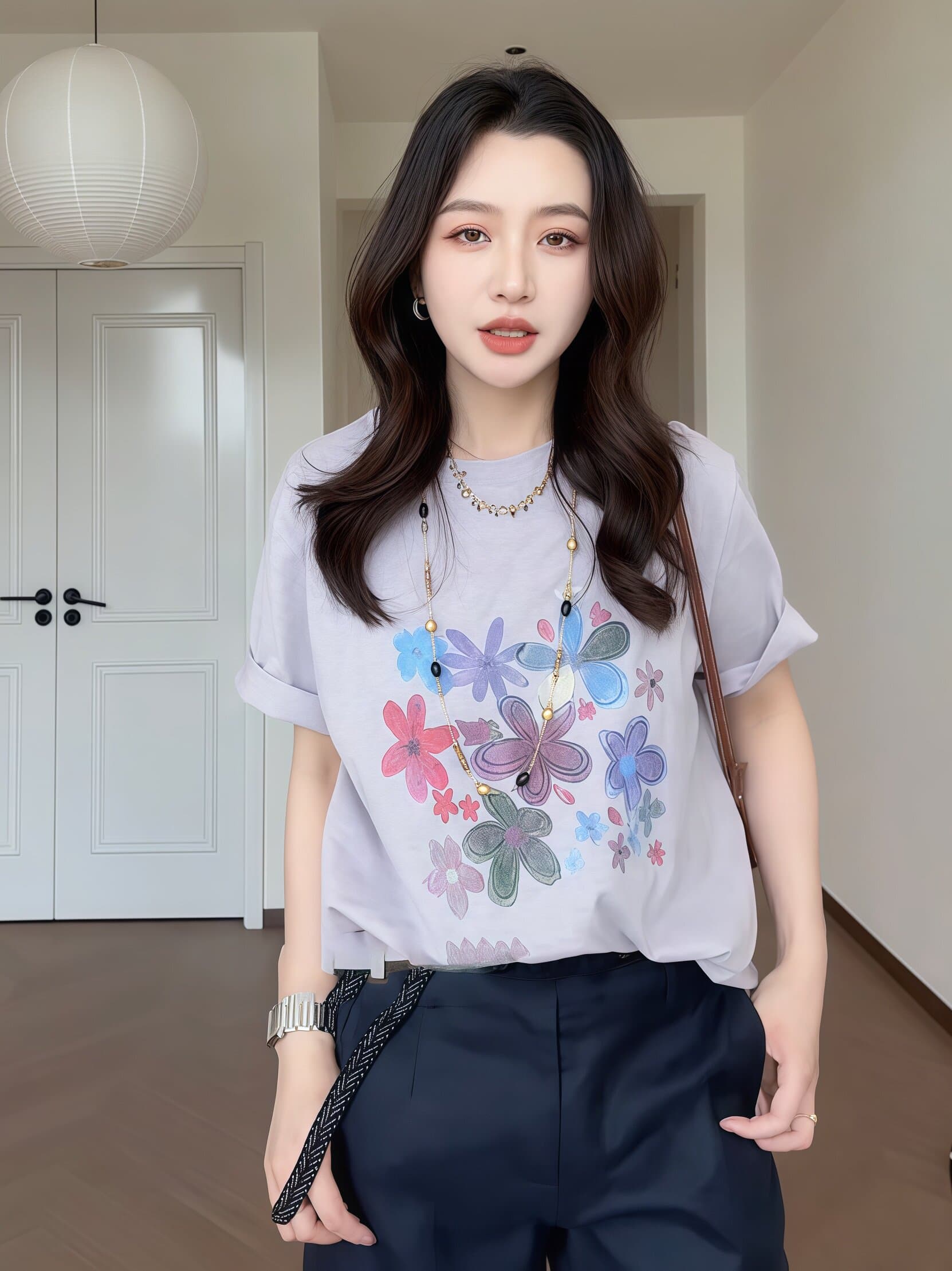 빅 사이즈 세계의 봄 패션 레트로 프린트 루즈핏 반팔 티셔츠 다용도 캐주얼 이미지 2