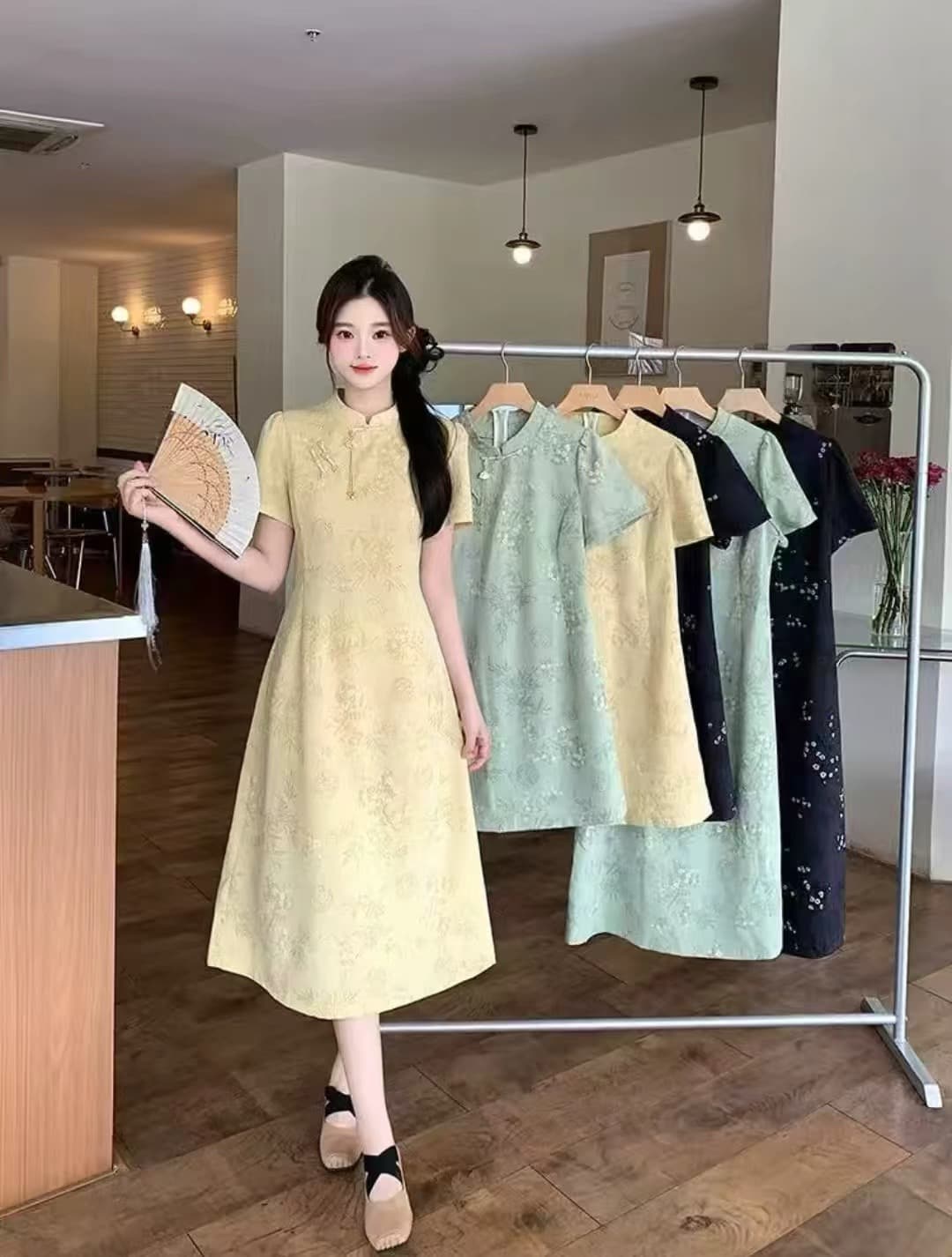 빅 사이즈 지방 mm 새로운 중식 반팔 드레스 여름 허리 수축 Chic A라인 스커트