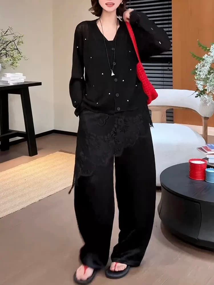 꽃 안개 노래 여름 섹션 작은 대중 디자인 레이스 조각 다용도 캐주얼 와이드 레그 팬츠 이미지 4