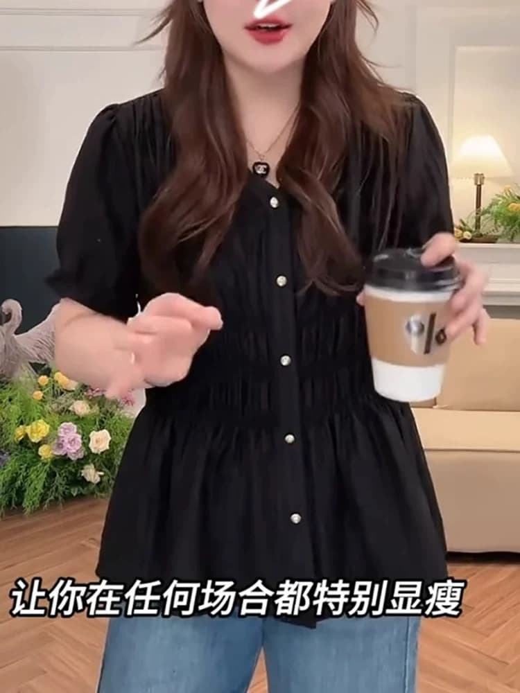 빅 사이즈 여성 의류 V넥 연령 감소 버블 셔츠 2026 새로운 여름 지방 mm 슬림해 보이는 차 인사이드 차 가스 Chic 맨위 이미지 4