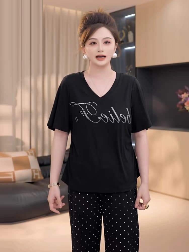 지방 작은 좋은 빅 사이즈 여성 의류 레트로 외국 가스 검정색 V넥 알파벳 핫픽스 반팔 여성 루즈핏 슬림해 보이는 허리 수축 맨위 이미지 2