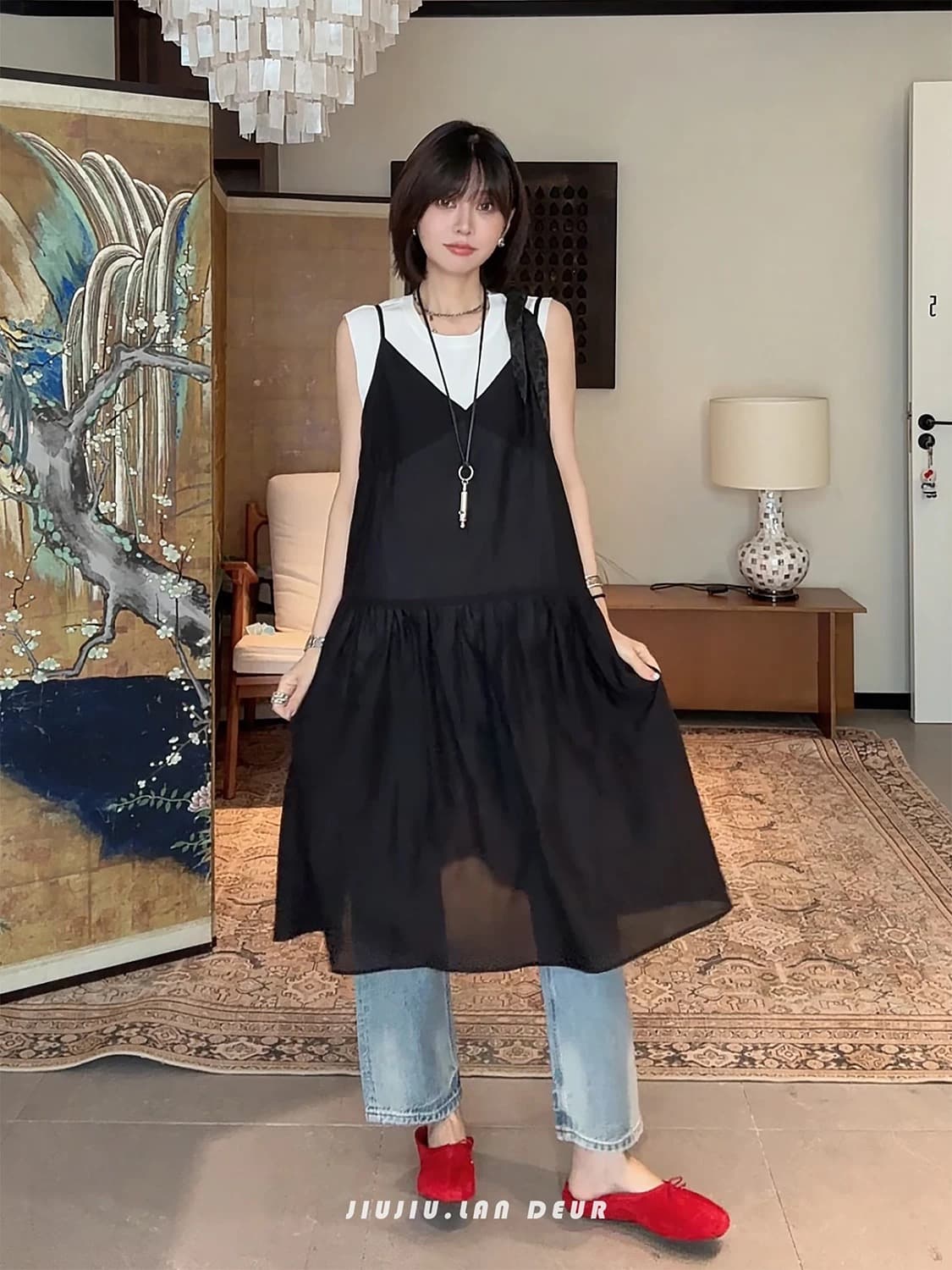 야자수 젖 여지 향기로운 한 부서 패션 캐주얼 V넥 스택 착용 단색 다용도 치마 아이들 이미지 2