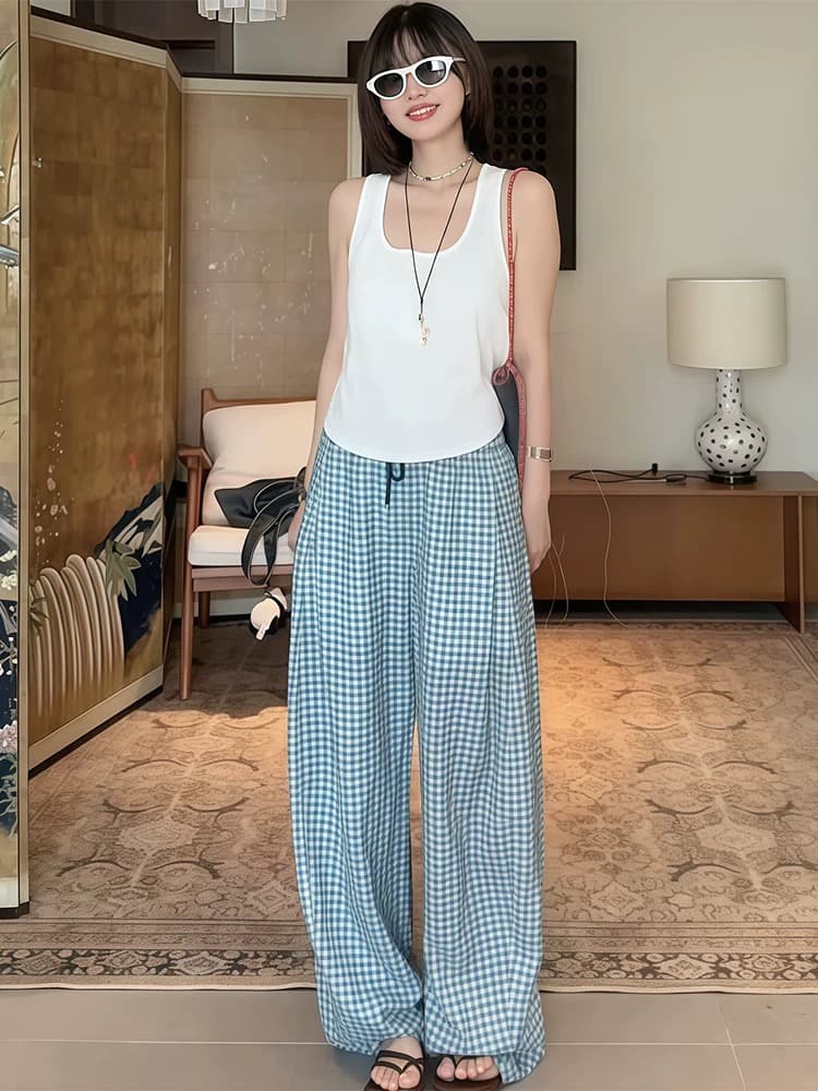 블루 바다 유리 상쾌 체크무늬 다용도 편안함 슬림해 보이는 와이드 레그 팬츠 캐주얼 바지 여성