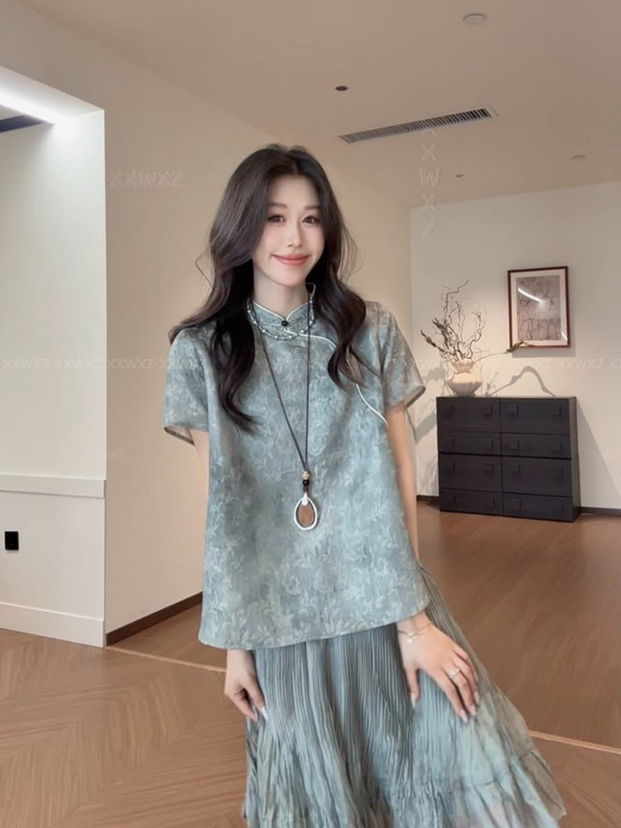 잉크 안개 바람 새로운 중식 빛 국풍 일상 다용도 슬림해 보이는 반팔 셔츠 맨위 여성