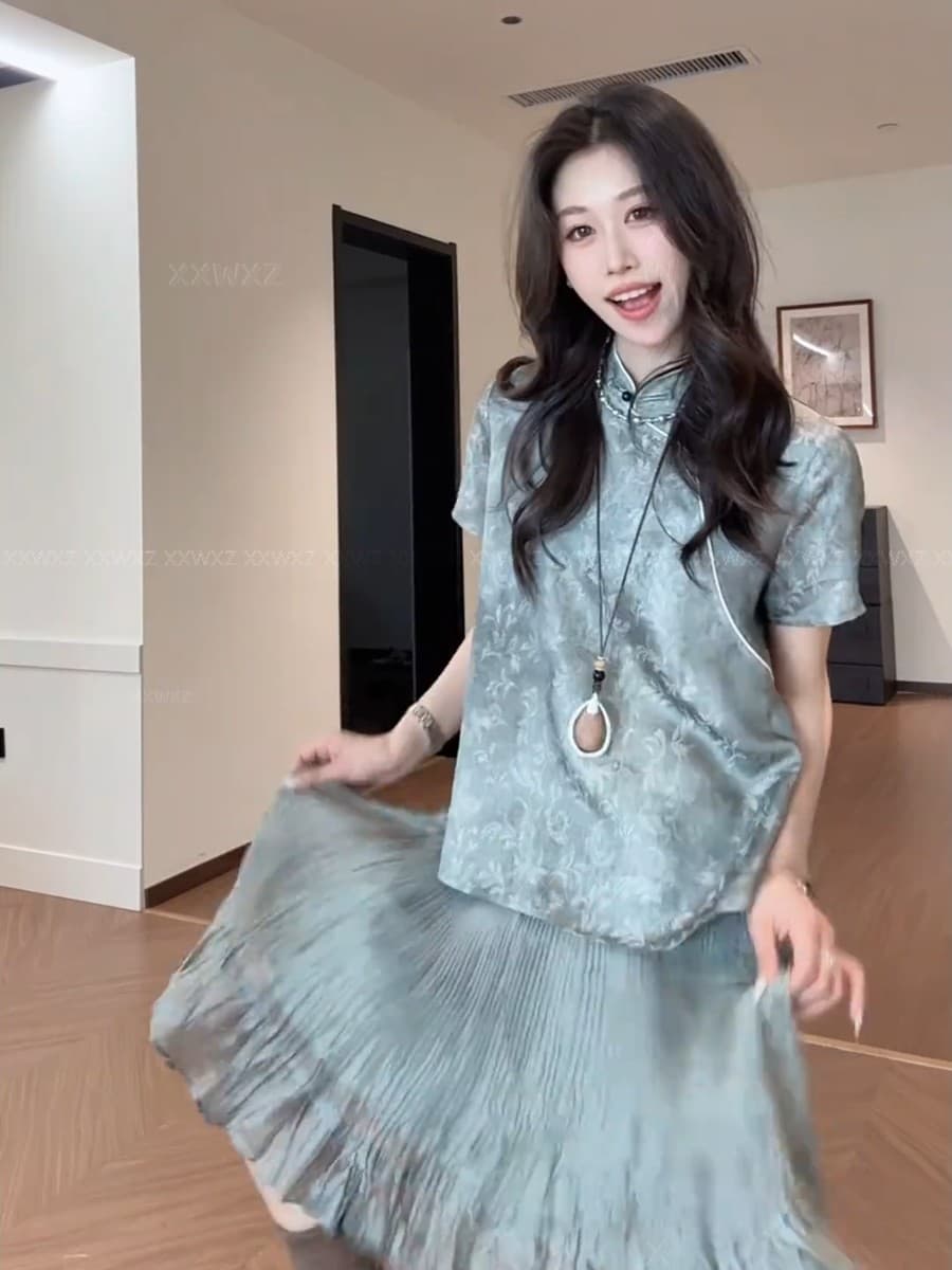 잉크 안개 바람 새로운 중식 빛 국풍 일상 다용도 슬림해 보이는 반팔 셔츠 맨위 여성 상세 이미지 1