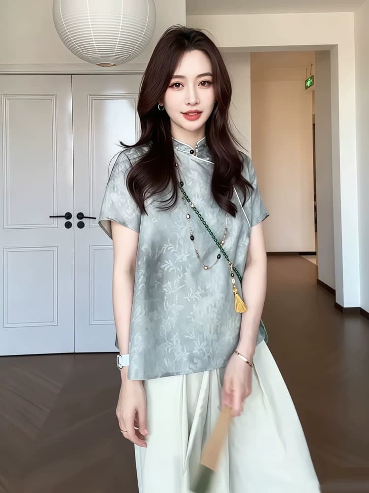 잉크 안개 바람 새로운 중식 반팔 빛 국풍 일상 다용도 슬림해 보이는 반팔 셔츠 맨위 여성