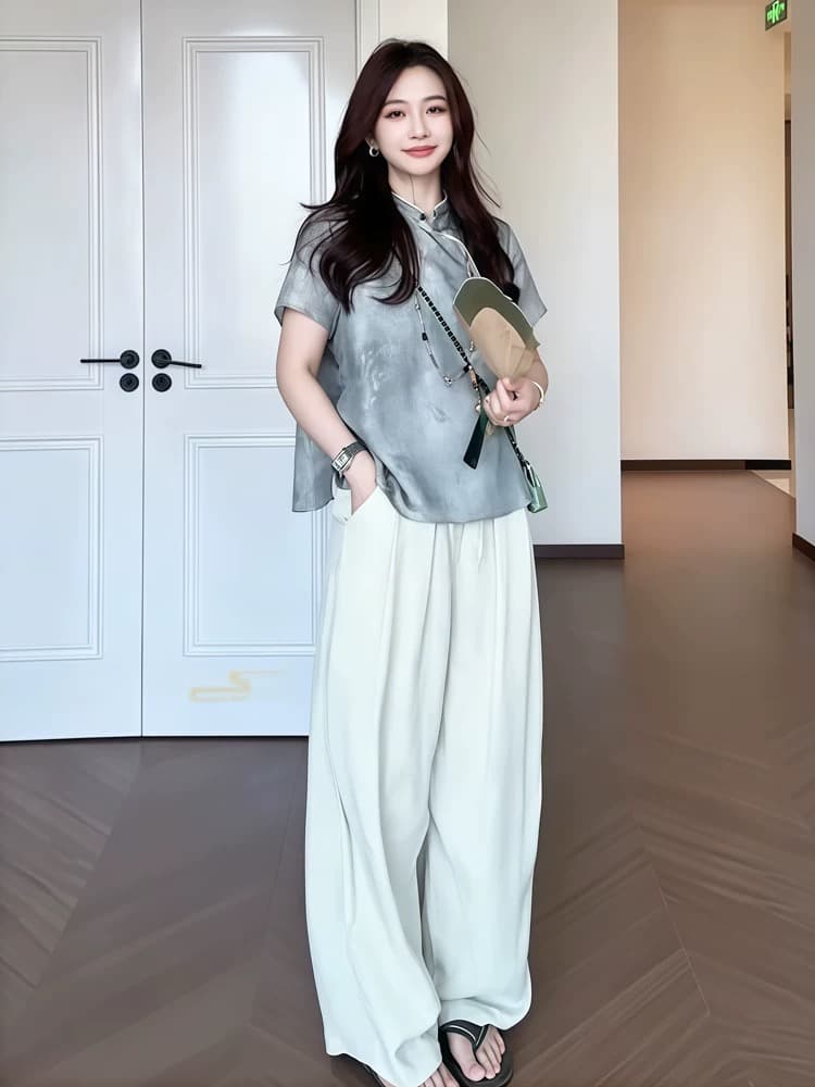 잉크 안개 바람 새로운 중식 반팔 빛 국풍 일상 다용도 슬림해 보이는 반팔 셔츠 맨위 여성 이미지 3