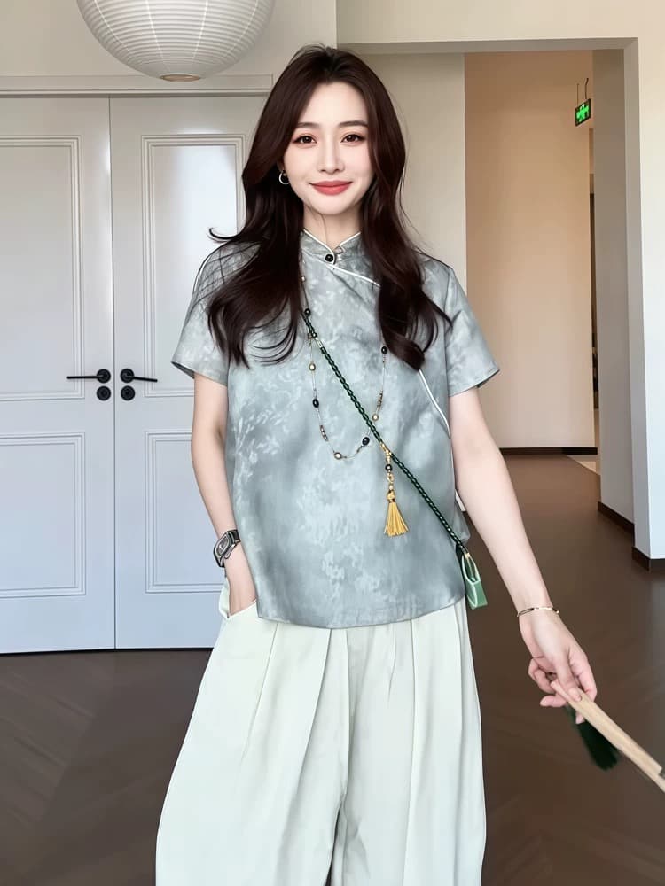 잉크 안개 바람 새로운 중식 반팔 빛 국풍 일상 다용도 슬림해 보이는 반팔 셔츠 맨위 여성 이미지 2