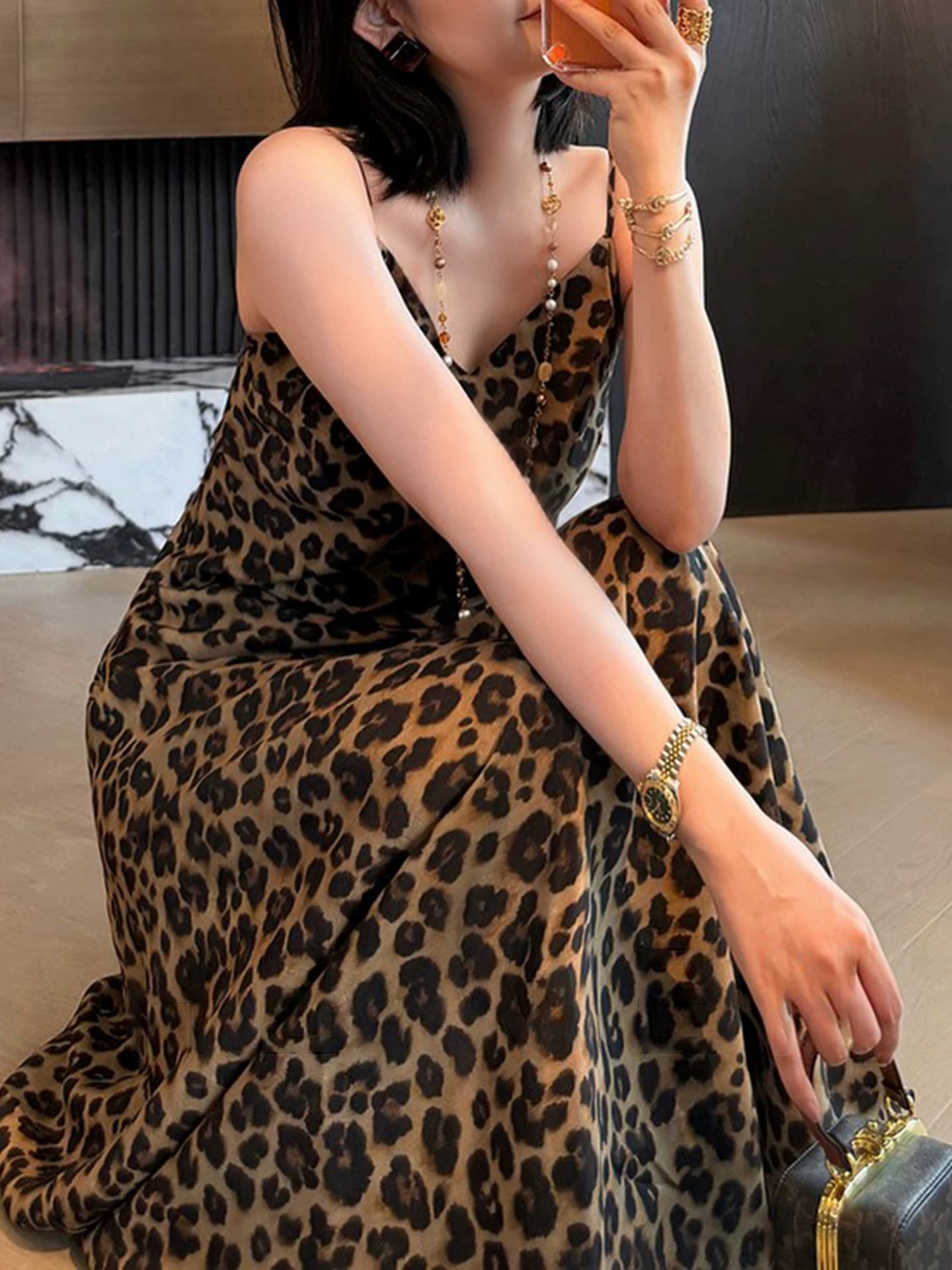 빛 요리 한 품격 고급 센스 chic Chic 세트 느긋한 바람 블라우스 레오파드 무늬 슬립 드레스 여름 투피스 세트 이미지 3