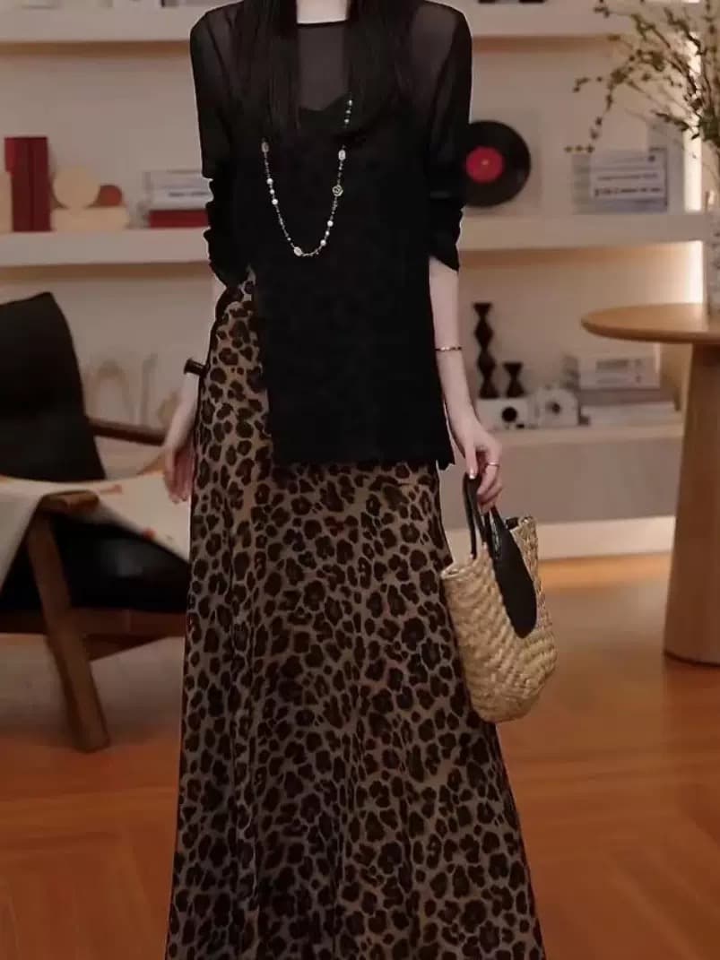 빛 요리 한 품격 고급 센스 chic Chic 세트 느긋한 바람 블라우스 레오파드 무늬 슬립 드레스 여름 투피스 세트 이미지 4