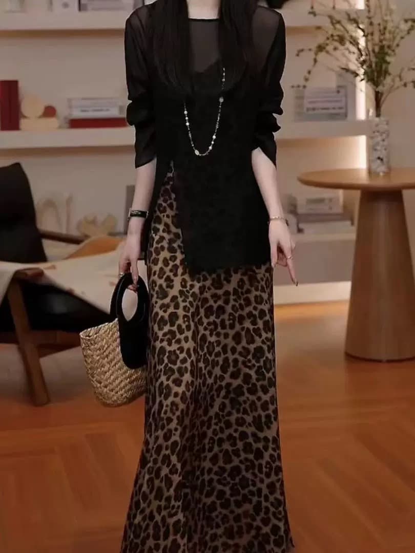 빛 요리 한 품격 고급 센스 chic Chic 세트 느긋한 바람 블라우스 레오파드 무늬 슬립 드레스 여름 투피스 세트 상세 이미지 1