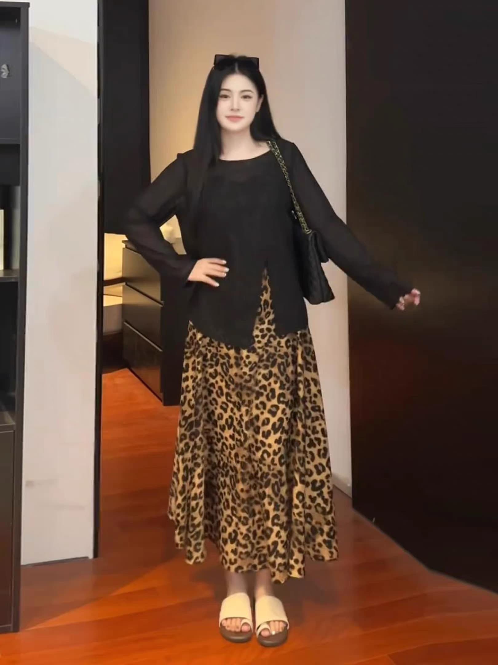 빅 사이즈 순수한 욕망 레오파드 무늬 점프 슈트 치마 세트 여성 가을 지방 mm 슬림해 보이는 에어컨 블라우스 슬립 롱 스커트 투피스 세트 이미지 2
