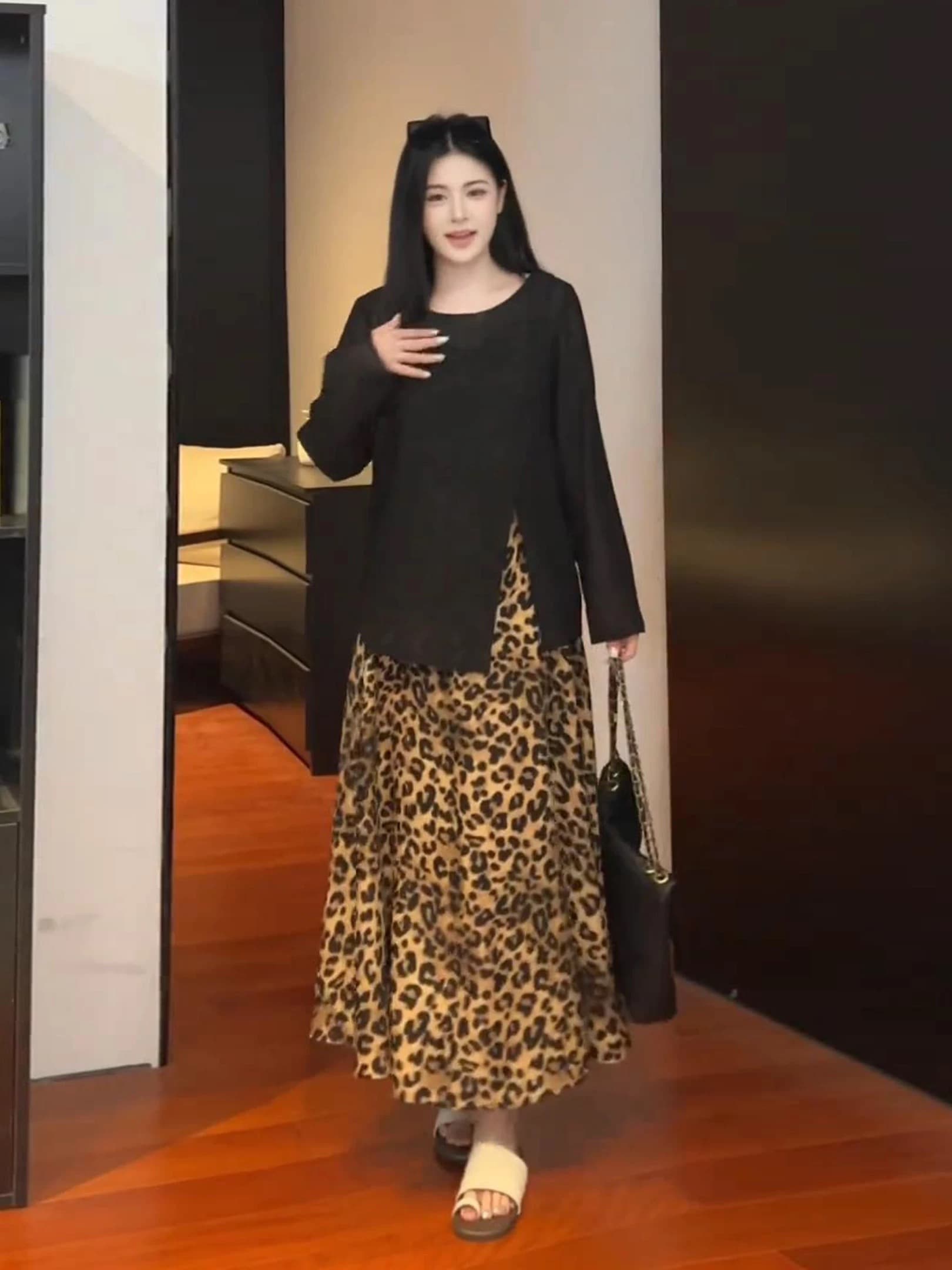 빅 사이즈 순수한 욕망 레오파드 무늬 점프 슈트 치마 세트 여성 가을 지방 mm 슬림해 보이는 에어컨 블라우스 슬립 롱 스커트 투피스 세트