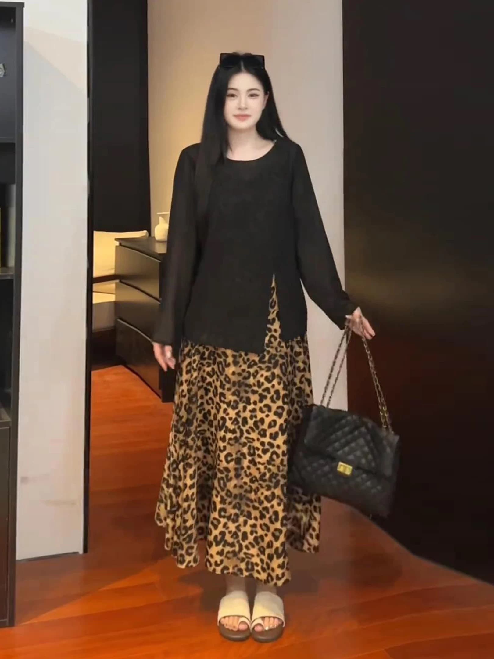 빅 사이즈 순수한 욕망 레오파드 무늬 점프 슈트 치마 세트 여성 가을 지방 mm 슬림해 보이는 에어컨 블라우스 슬립 롱 스커트 투피스 세트 이미지 3