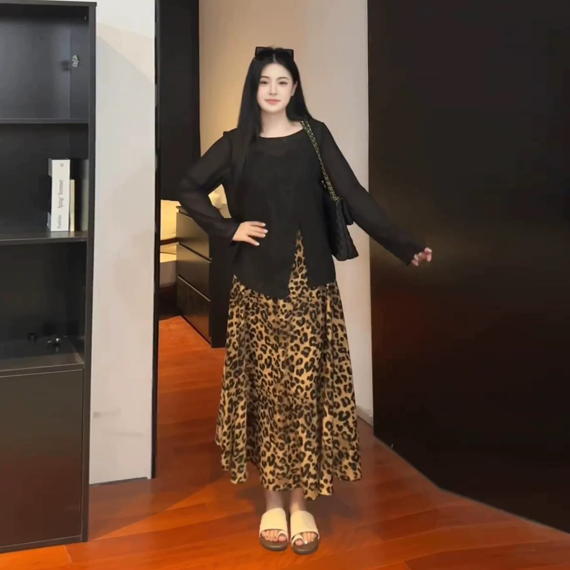 빅 사이즈 순수한 욕망 레오파드 무늬 점프 슈트 치마 세트 여성 가을 지방 mm 슬림해 보이는 에어컨 블라우스 슬립 롱 스커트 투피스 세트 이미지 4
