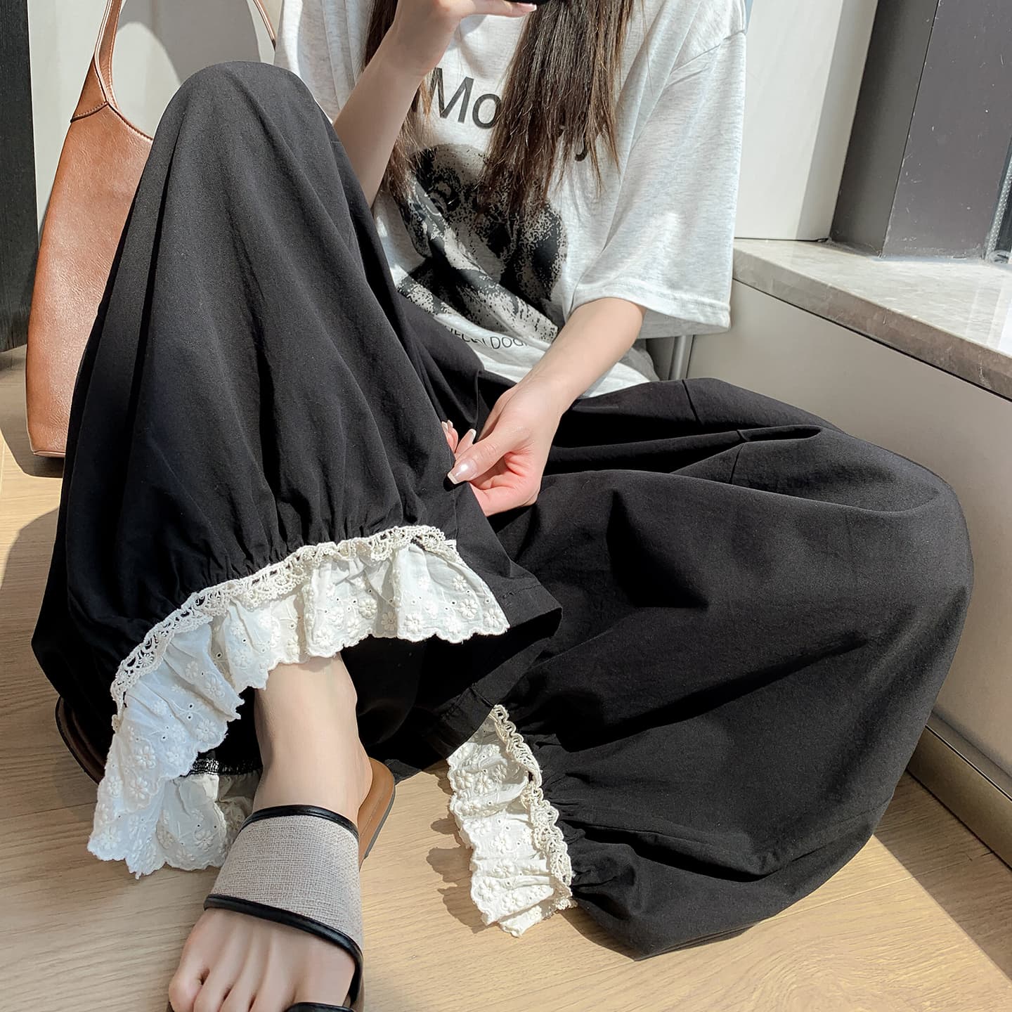 실사 2026 여름 새로운 느긋한 바람 레이스 레이스 패치워크 와이드 레그 팬츠 다용도 루즈핏 캐주얼 꽃밭 바지 여성 이미지 4