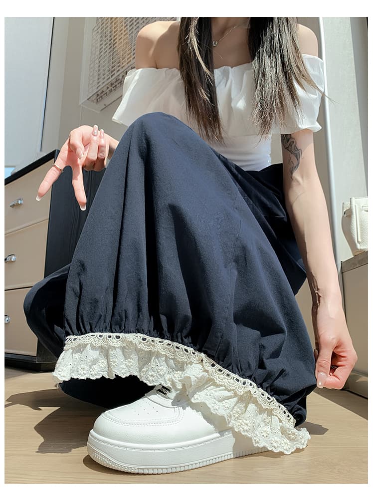 실사 2026 여름 새로운 느긋한 바람 레이스 레이스 패치워크 와이드 레그 팬츠 다용도 루즈핏 캐주얼 꽃밭 바지 여성 상세 이미지 28